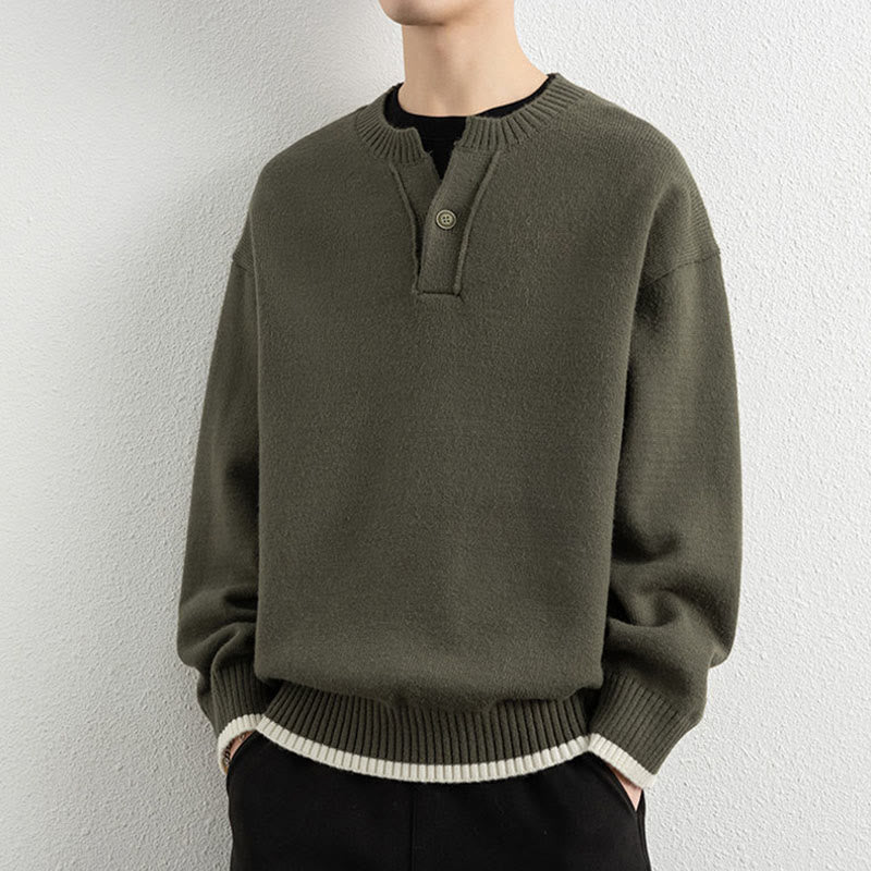 Buddha Stones ​​Winterpullover mit V-Ausschnitt, Ein-Knopf-Design, warmer Herren-Langarmstrickpullover - Olive - US/ UK/AU44, EU54 (4XL) - image 23