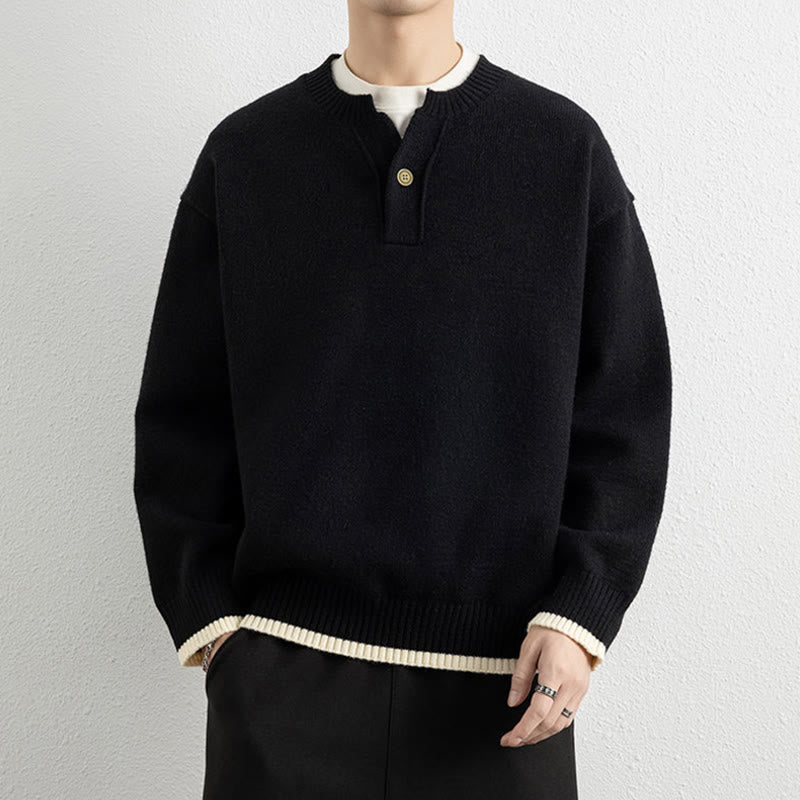 Buddha Stones ​​Winterpullover mit V-Ausschnitt, Ein-Knopf-Design, warmer Herren-Langarmstrickpullover - Schwarz - US/ UK/AU44, EU54 (4XL) - image 7