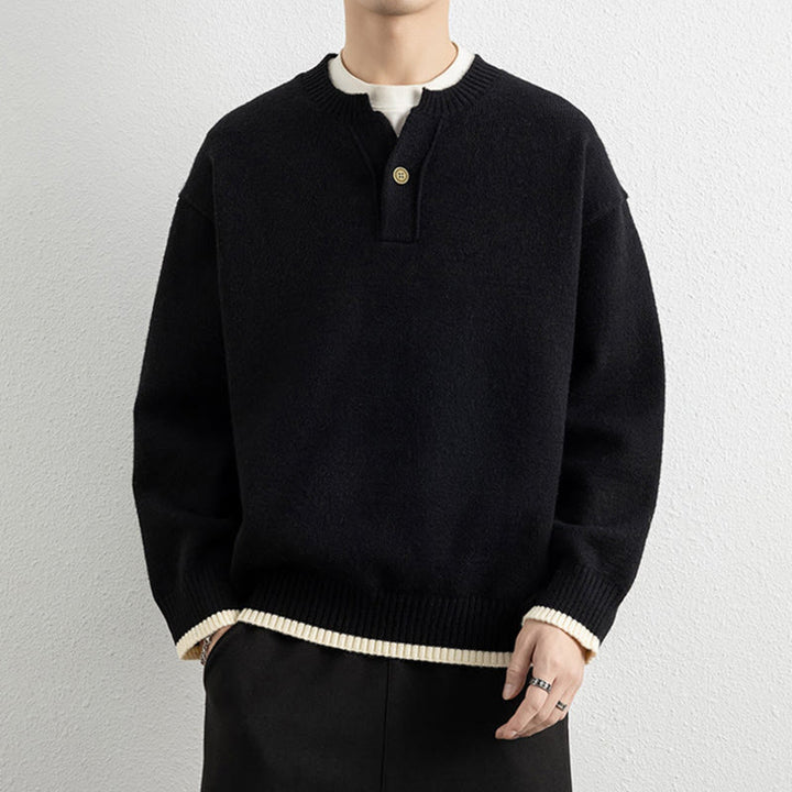 Buddha Stones ​​Winterpullover mit V-Ausschnitt, Ein-Knopf-Design, warmer Herren-Langarmstrickpullover - Schwarz - US/ UK/AU44, EU54 (4XL) - image 7