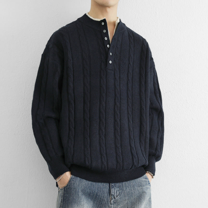 Buddha Stones ​​Winterpullover mit V-Ausschnitt, Knöpfen und gedrehtem Design, warmer Herren-Langarmstrickpullover - image 1