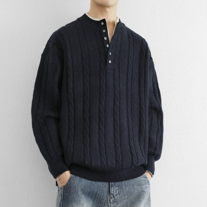 Buddha Stones ​​Winterpullover mit V-Ausschnitt, Knöpfen und gedrehtem Design, warmer Herren-Langarmstrickpullover - image 1