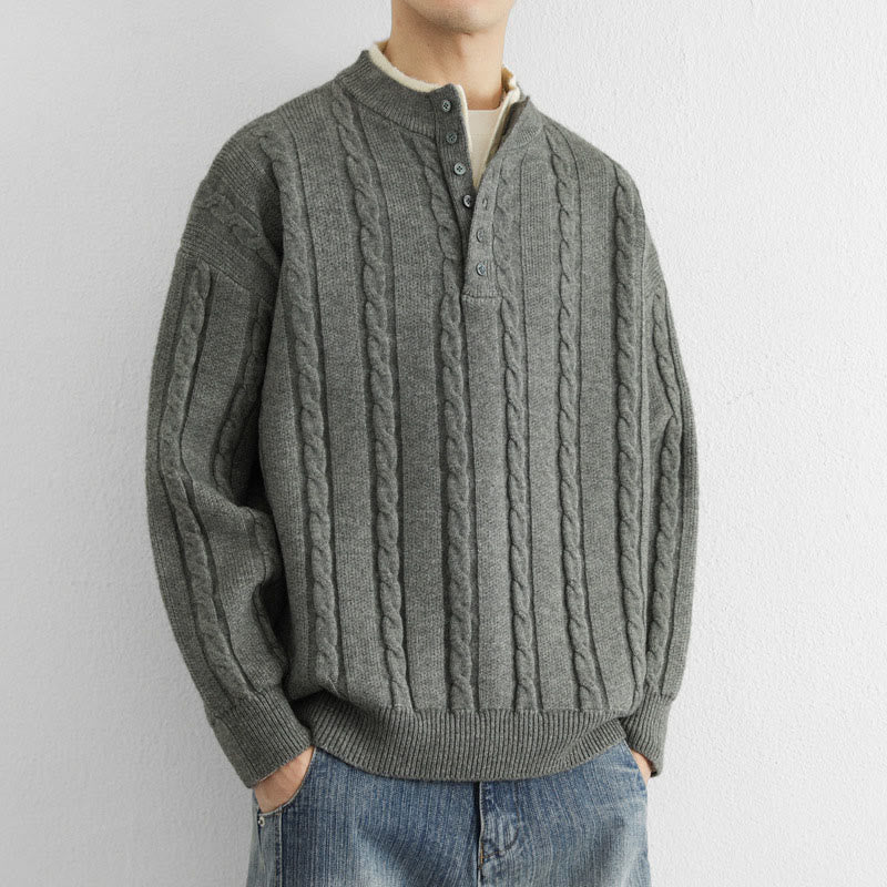 Buddha Stones ​​Winterpullover mit V-Ausschnitt, Knöpfen und gedrehtem Design, warmer Herren-Langarmstrickpullover - image 8