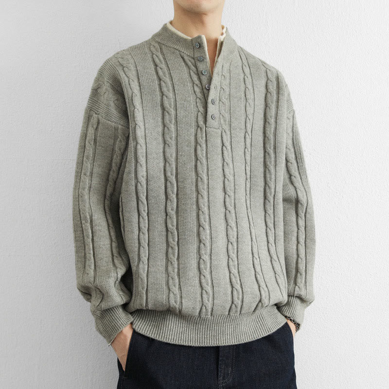 Buddha Stones ​​Winterpullover mit V-Ausschnitt, Knöpfen und gedrehtem Design, warmer Herren-Langarmstrickpullover - image 14