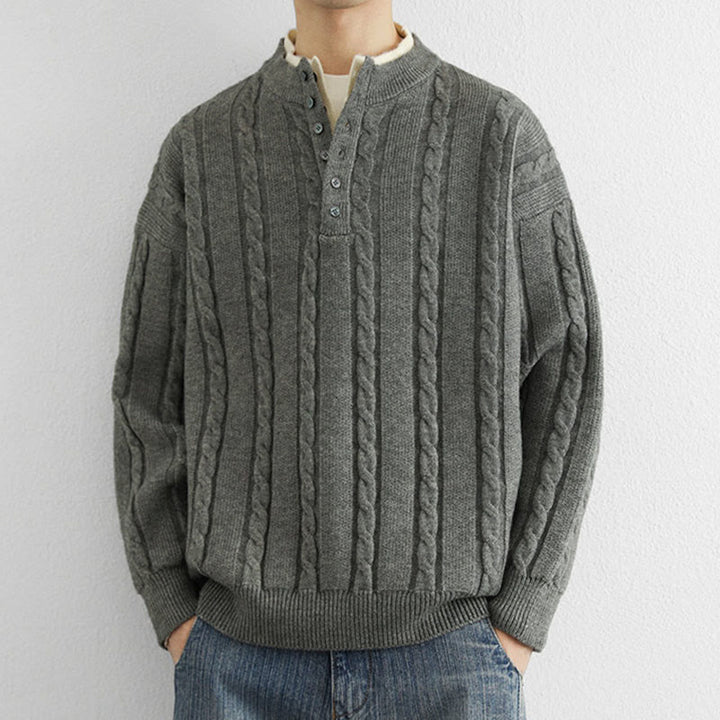 Buddha Stones ​​Winterpullover mit V-Ausschnitt, Knöpfen und gedrehtem Design, warmer Herren-Langarmstrickpullover - image 7