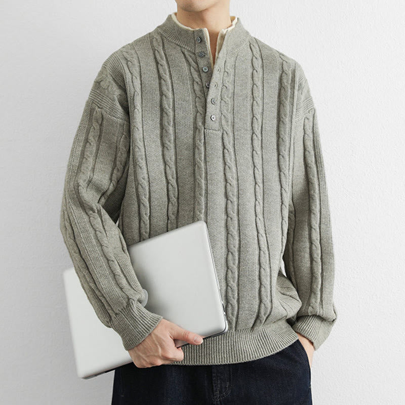 Buddha Stones ​​Winterpullover mit V-Ausschnitt, Knöpfen und gedrehtem Design, warmer Herren-Langarmstrickpullover - image 15