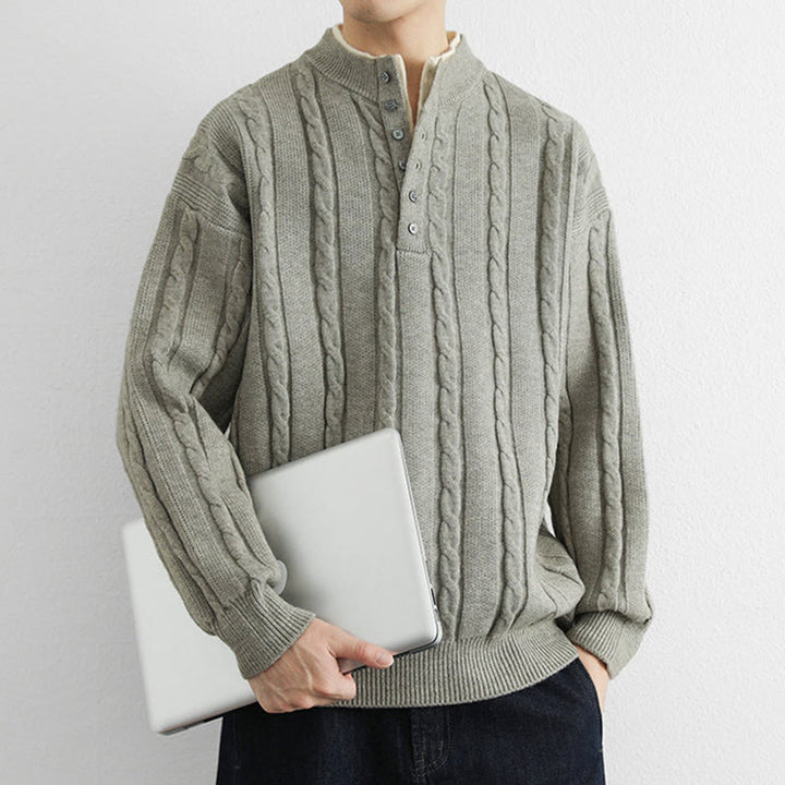 Buddha Stones ​​Winterpullover mit V-Ausschnitt, Knöpfen und gedrehtem Design, warmer Herren-Langarmstrickpullover - image 15