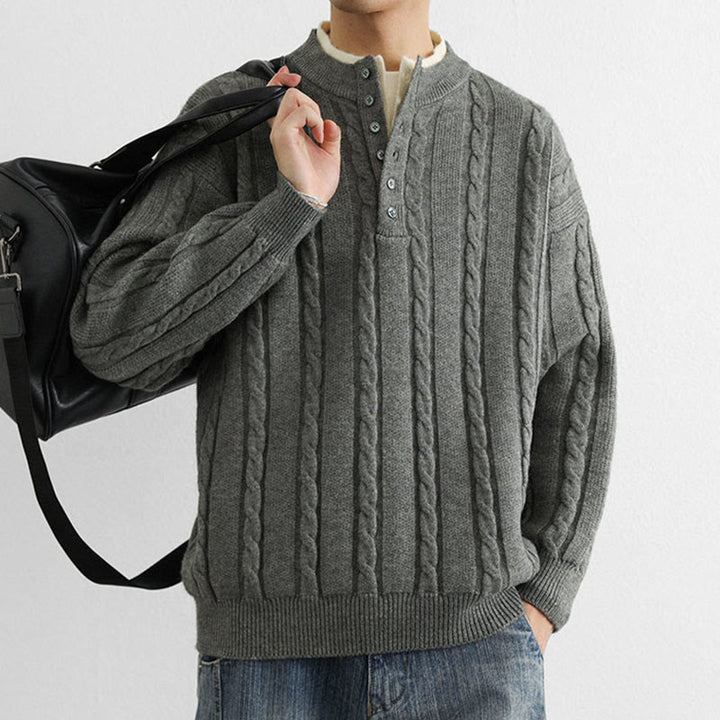 Buddha Stones ​​Winterpullover mit V-Ausschnitt, Knöpfen und gedrehtem Design, warmer Herren-Langarmstrickpullover - image 10