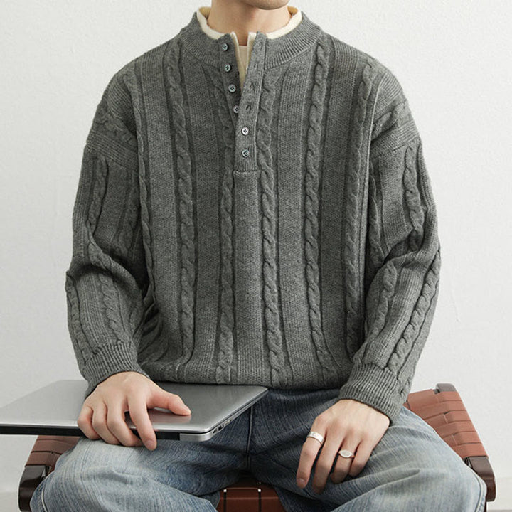 Buddha Stones ​​Winterpullover mit V-Ausschnitt, Knöpfen und gedrehtem Design, warmer Herren-Langarmstrickpullover - image 11