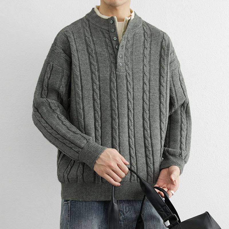 Buddha Stones ​​Winterpullover mit V-Ausschnitt, Knöpfen und gedrehtem Design, warmer Herren-Langarmstrickpullover - image 9