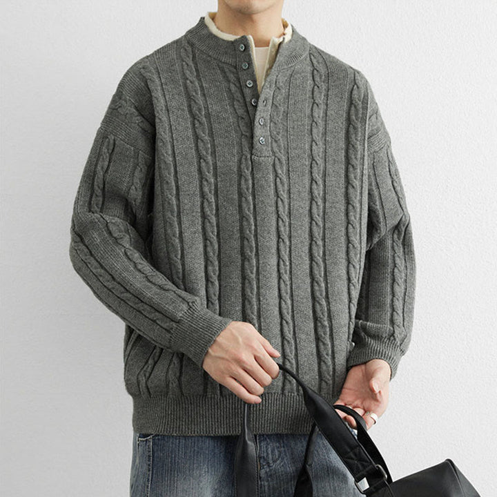 Buddha Stones ​​Winterpullover mit V-Ausschnitt, Knöpfen und gedrehtem Design, warmer Herren-Langarmstrickpullover - image 9