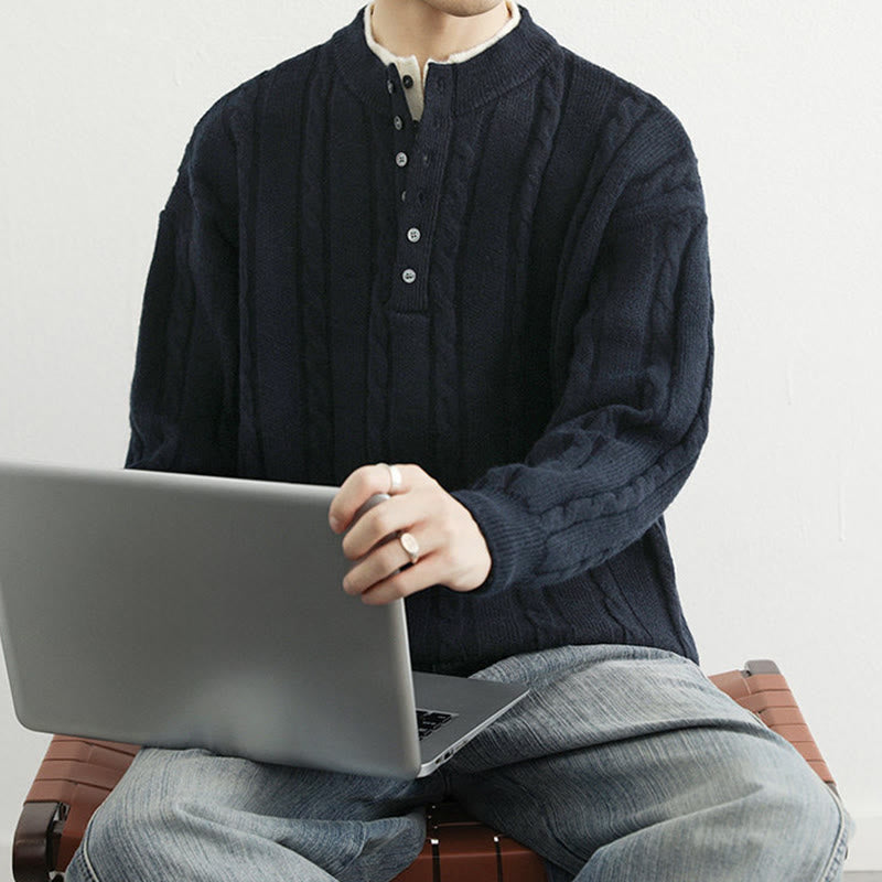 Buddha Stones ​​Winterpullover mit V-Ausschnitt, Knöpfen und gedrehtem Design, warmer Herren-Langarmstrickpullover - image 5