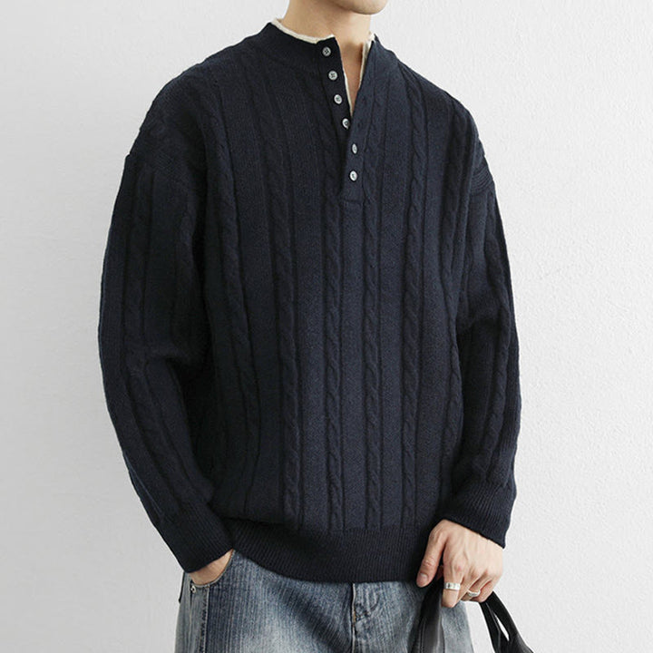 Buddha Stones ​​Winterpullover mit V-Ausschnitt, Knöpfen und gedrehtem Design, warmer Herren-Langarmstrickpullover - image 2
