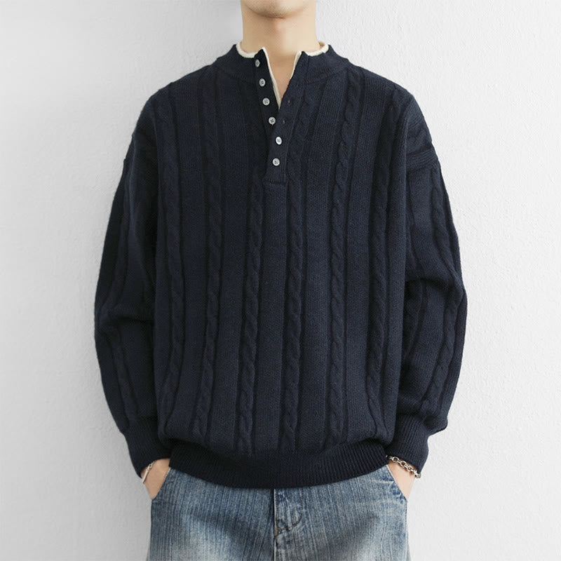 Buddha Stones ​​Winterpullover mit V-Ausschnitt, Knöpfen und gedrehtem Design, warmer Herren-Langarmstrickpullover - Mitternachtsblau - US/ UK/AU44, EU54 (4XL) - image 0