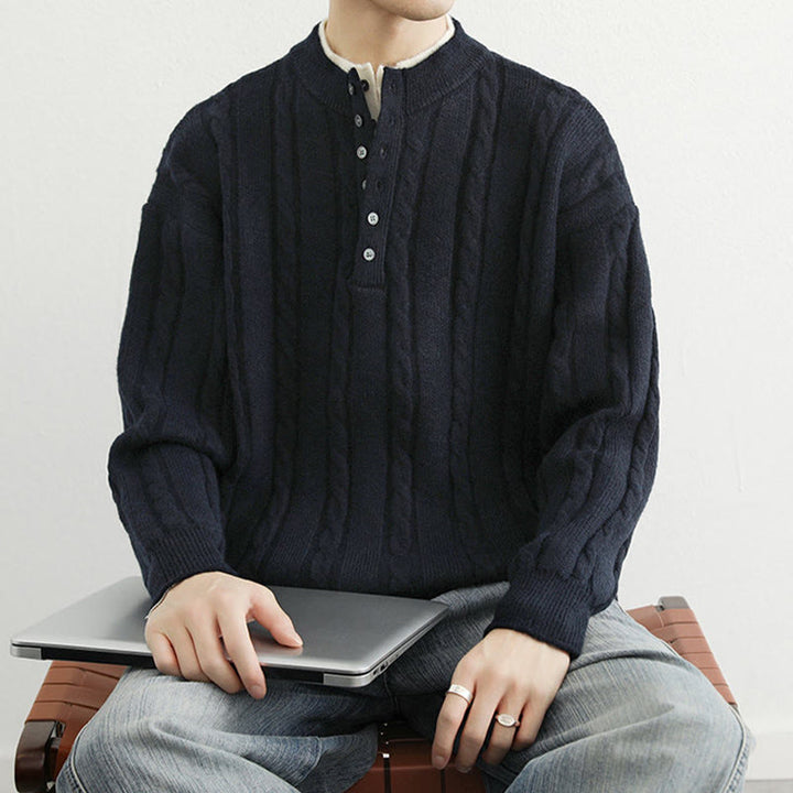 Buddha Stones ​​Winterpullover mit V-Ausschnitt, Knöpfen und gedrehtem Design, warmer Herren-Langarmstrickpullover - image 4