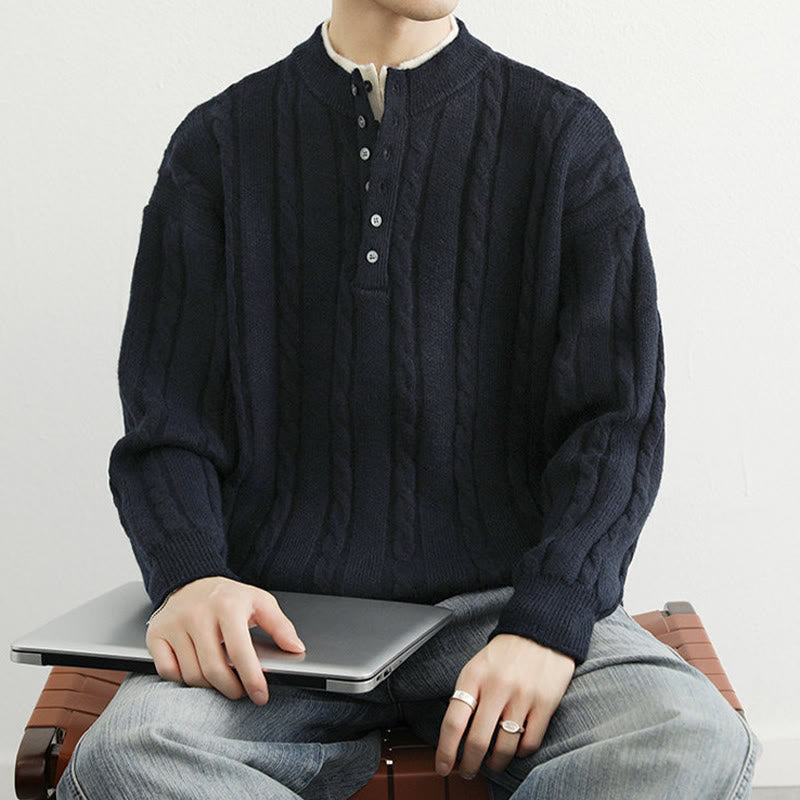 Buddha Stones ​​Winterpullover mit V-Ausschnitt, Knöpfen und gedrehtem Design, warmer Herren-Langarmstrickpullover - image 4