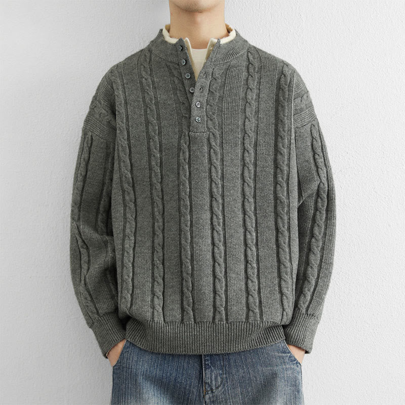 Buddha Stones ​​Winterpullover mit V-Ausschnitt, Knöpfen und gedrehtem Design, warmer Herren-Langarmstrickpullover - Dunkelgrau - US/ UK/AU44, EU54 (4XL) - image 6