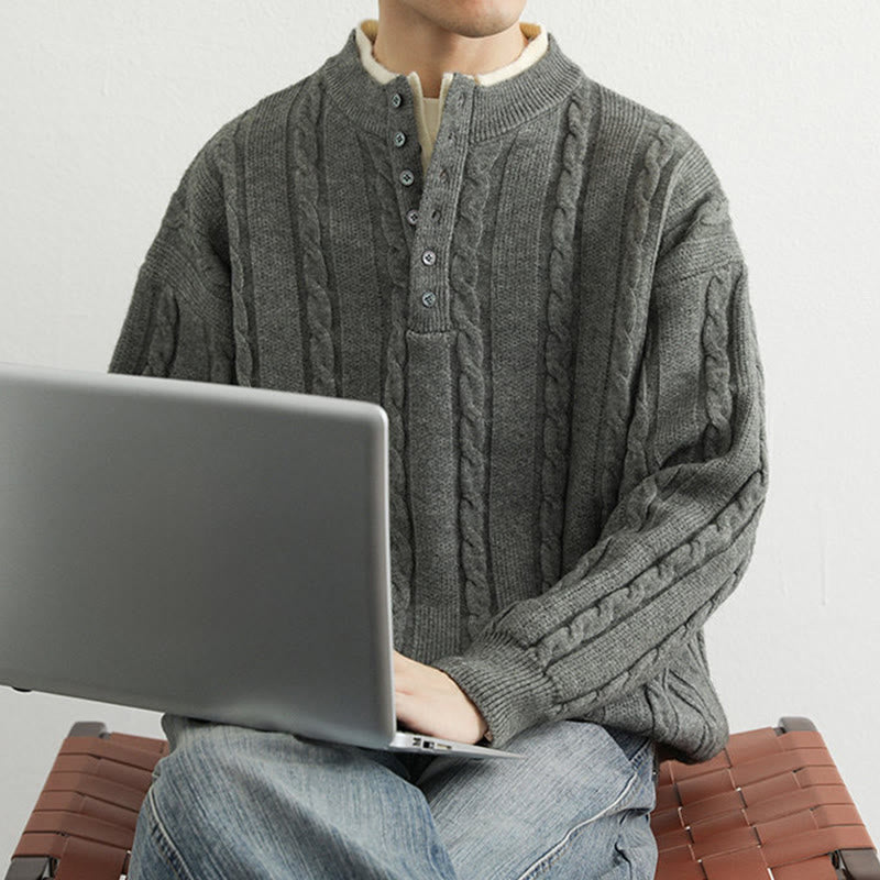 Buddha Stones ​​Winterpullover mit V-Ausschnitt, Knöpfen und gedrehtem Design, warmer Herren-Langarmstrickpullover - image 12