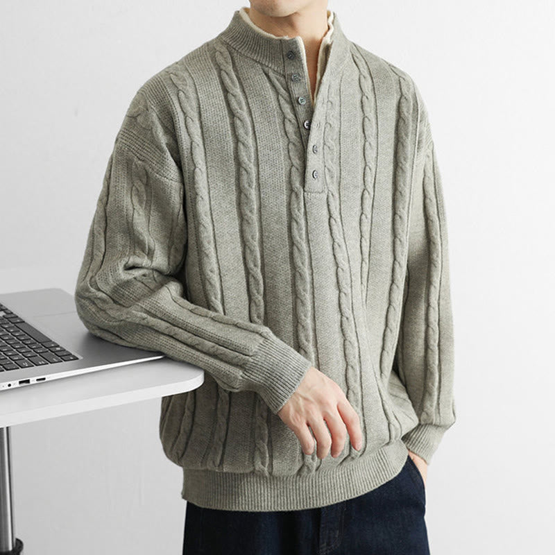 Buddha Stones ​​Winterpullover mit V-Ausschnitt, Knöpfen und gedrehtem Design, warmer Herren-Langarmstrickpullover - image 17