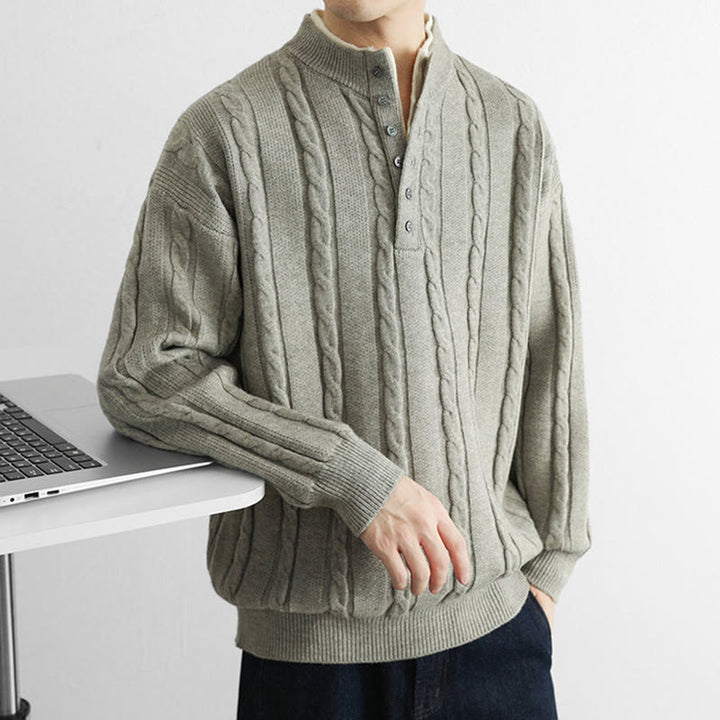 Buddha Stones ​​Winterpullover mit V-Ausschnitt, Knöpfen und gedrehtem Design, warmer Herren-Langarmstrickpullover - image 17