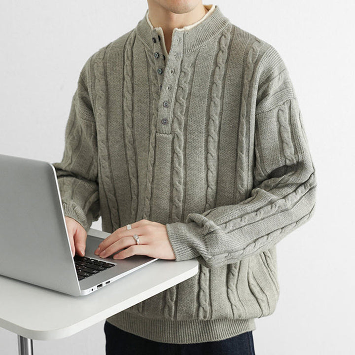 Buddha Stones ​​Winterpullover mit V-Ausschnitt, Knöpfen und gedrehtem Design, warmer Herren-Langarmstrickpullover - image 18