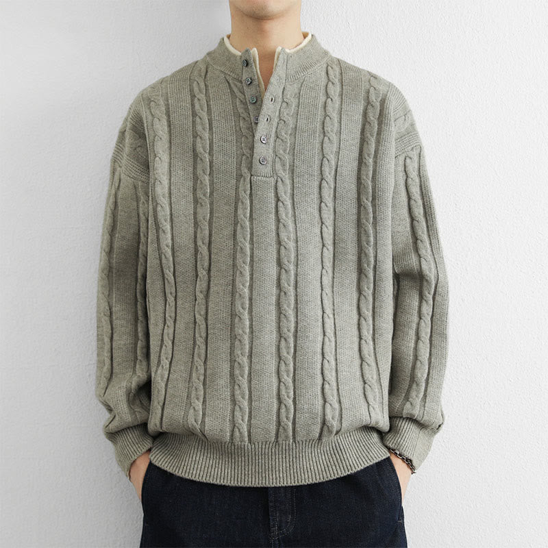 Buddha Stones ​​Winterpullover mit V-Ausschnitt, Knöpfen und gedrehtem Design, warmer Herren-Langarmstrickpullover - Hellgrau - US/ UK/AU44, EU54 (4XL) - image 13