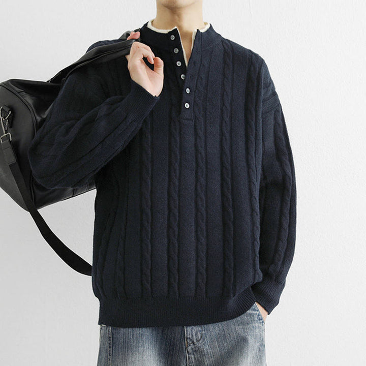 Buddha Stones ​​Winterpullover mit V-Ausschnitt, Knöpfen und gedrehtem Design, warmer Herren-Langarmstrickpullover - image 3
