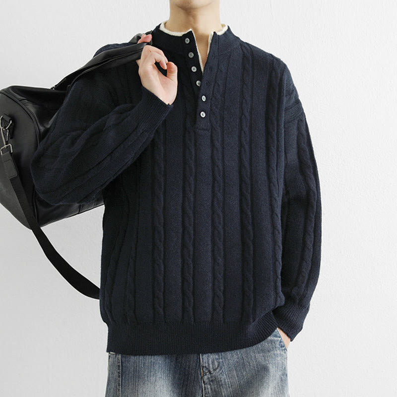 Buddha Stones ​​Winterpullover mit V-Ausschnitt, Knöpfen und gedrehtem Design, warmer Herren-Langarmstrickpullover - image 3