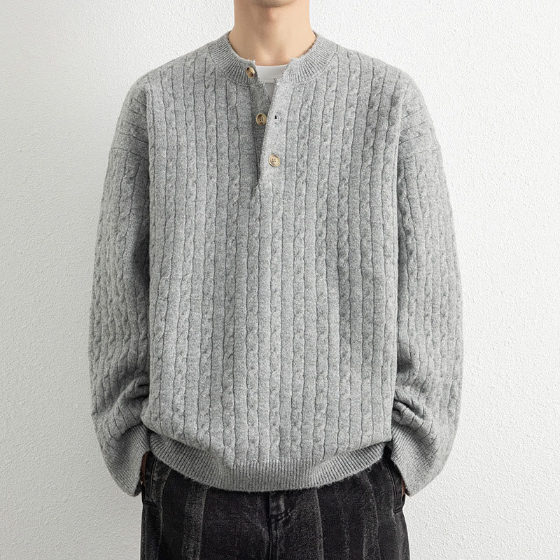 Buddha Stones Winterpullover mit Rundhalsausschnitt, drei Knöpfen und gedrehtem Design, warmer Herren-Langarmstrickpullover - Hellgrau - US/ UK/AU42, EU52 (3XL) - image 11
