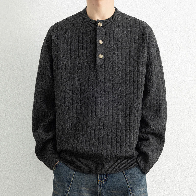 Buddha Stones Winterpullover mit Rundhalsausschnitt, drei Knöpfen und gedrehtem Design, warmer Herren-Langarmstrickpullover - Schwarz - US/ UK/AU42, EU52 (3XL) - image 14