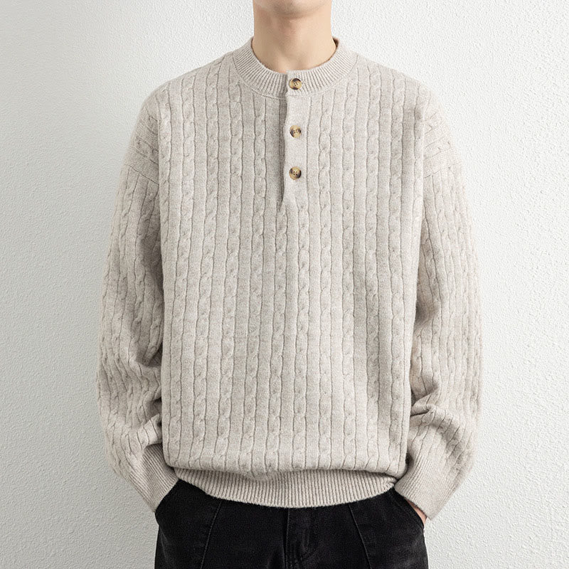 Buddha Stones Winterpullover mit Rundhalsausschnitt, drei Knöpfen und gedrehtem Design, warmer Herren-Langarmstrickpullover - Leinen - US/ UK/AU42, EU52 (3XL) - image 0