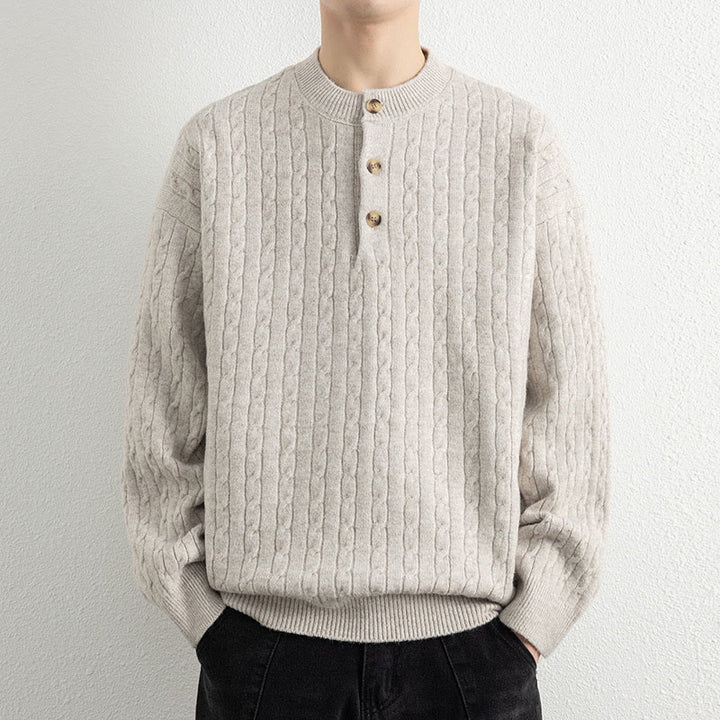 Buddha Stones Winterpullover mit Rundhalsausschnitt, drei Knöpfen und gedrehtem Design, warmer Herren-Langarmstrickpullover - Leinen - US/ UK/AU42, EU52 (3XL) - image 0