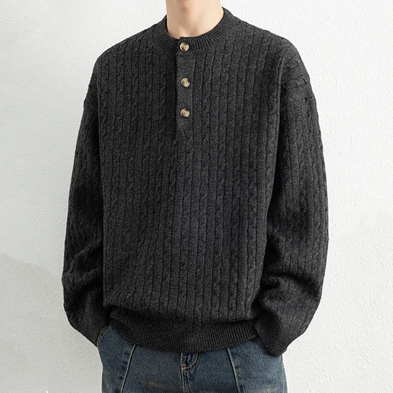 Buddha Stones Winterpullover mit Rundhalsausschnitt, drei Knöpfen und gedrehtem Design, warmer Herren-Langarmstrickpullover - image 16