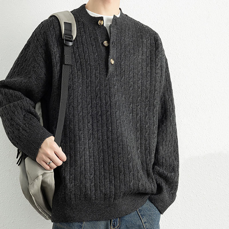 Buddha Stones Winterpullover mit Rundhalsausschnitt, drei Knöpfen und gedrehtem Design, warmer Herren-Langarmstrickpullover - image 18