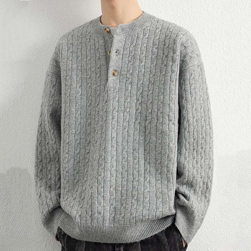 Buddha Stones Winterpullover mit Rundhalsausschnitt, drei Knöpfen und gedrehtem Design, warmer Herren-Langarmstrickpullover - image 13