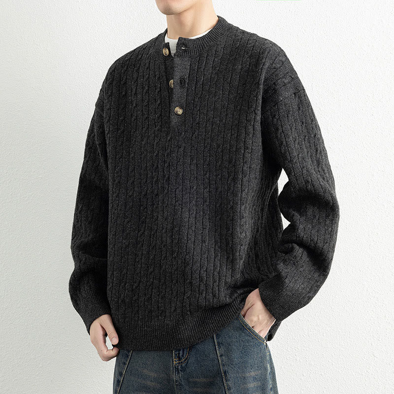 Buddha Stones Winterpullover mit Rundhalsausschnitt, drei Knöpfen und gedrehtem Design, warmer Herren-Langarmstrickpullover - image 15