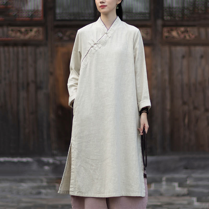 Buddha Stones Cheongsam, einfarbiges Midikleid aus Ramie-Leinen mit Froschknopfverschluss, langen Ärmeln und Taschen - Leinen - US4, UK/AU8, EU36 (F) - image 8