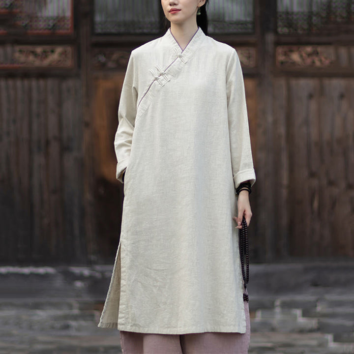 Buddha Stones Cheongsam, einfarbiges Midikleid aus Ramie-Leinen mit Froschknopfverschluss, langen Ärmeln und Taschen - Leinen - US4, UK/AU8, EU36 (F) - image 8