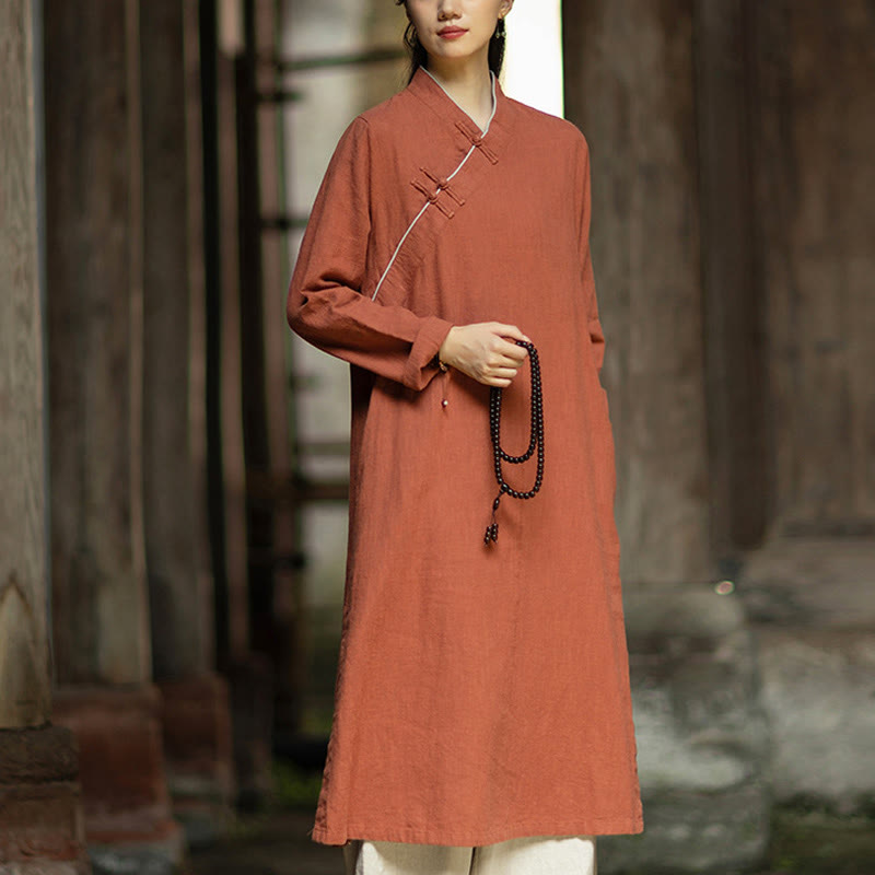 Buddha Stones Cheongsam, einfarbiges Midikleid aus Ramie-Leinen mit Froschknopfverschluss, langen Ärmeln und Taschen - image 1