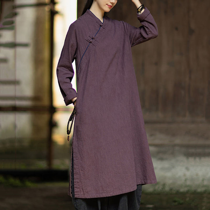 Buddha Stones Cheongsam, einfarbiges Midikleid aus Ramie-Leinen mit Froschknopfverschluss, langen Ärmeln und Taschen - image 16