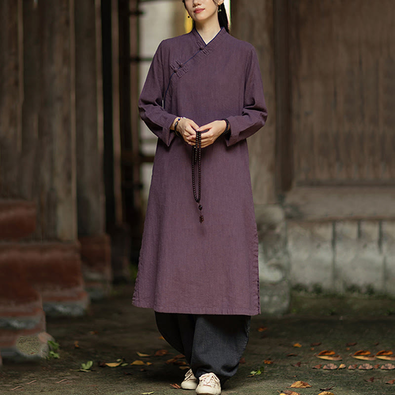 Buddha Stones Cheongsam, einfarbiges Midikleid aus Ramie-Leinen mit Froschknopfverschluss, langen Ärmeln und Taschen - image 18