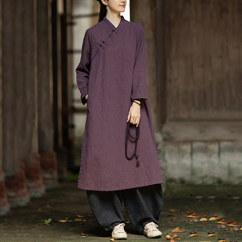Buddha Stones Cheongsam, einfarbiges Midikleid aus Ramie-Leinen mit Froschknopfverschluss, langen Ärmeln und Taschen - image 19