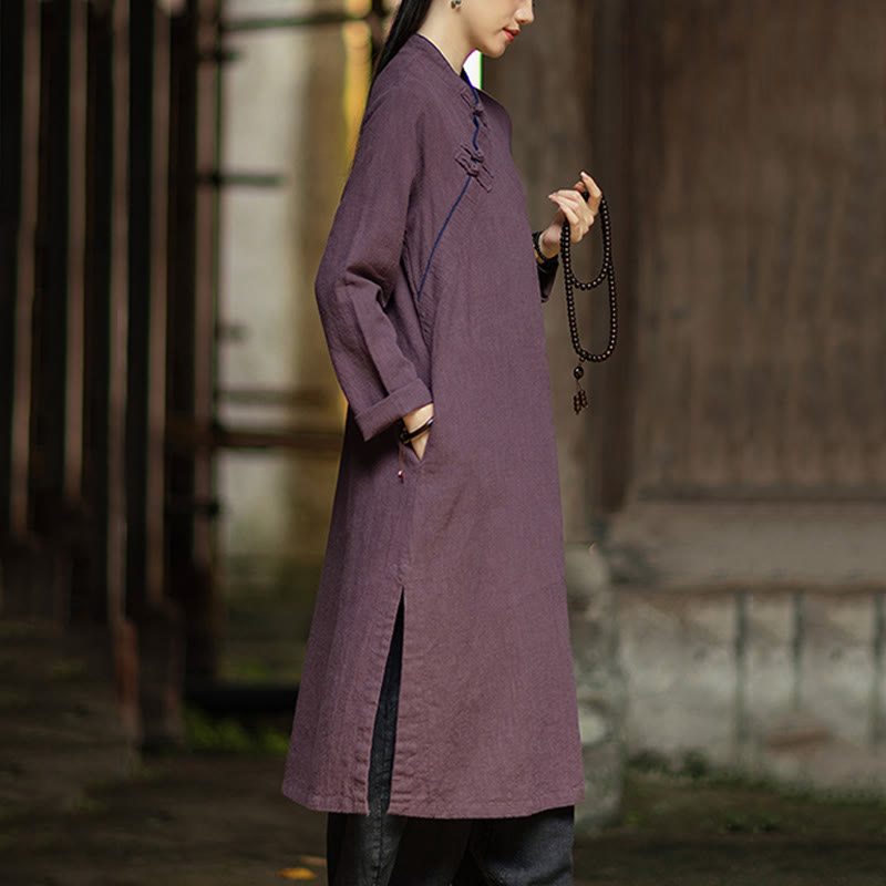 Buddha Stones Cheongsam, einfarbiges Midikleid aus Ramie-Leinen mit Froschknopfverschluss, langen Ärmeln und Taschen - image 17