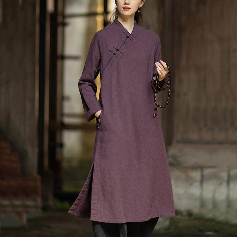 Buddha Stones Cheongsam, einfarbiges Midikleid aus Ramie-Leinen mit Froschknopfverschluss, langen Ärmeln und Taschen - Lila - US4, UK/AU8, EU36 (F) - image 15