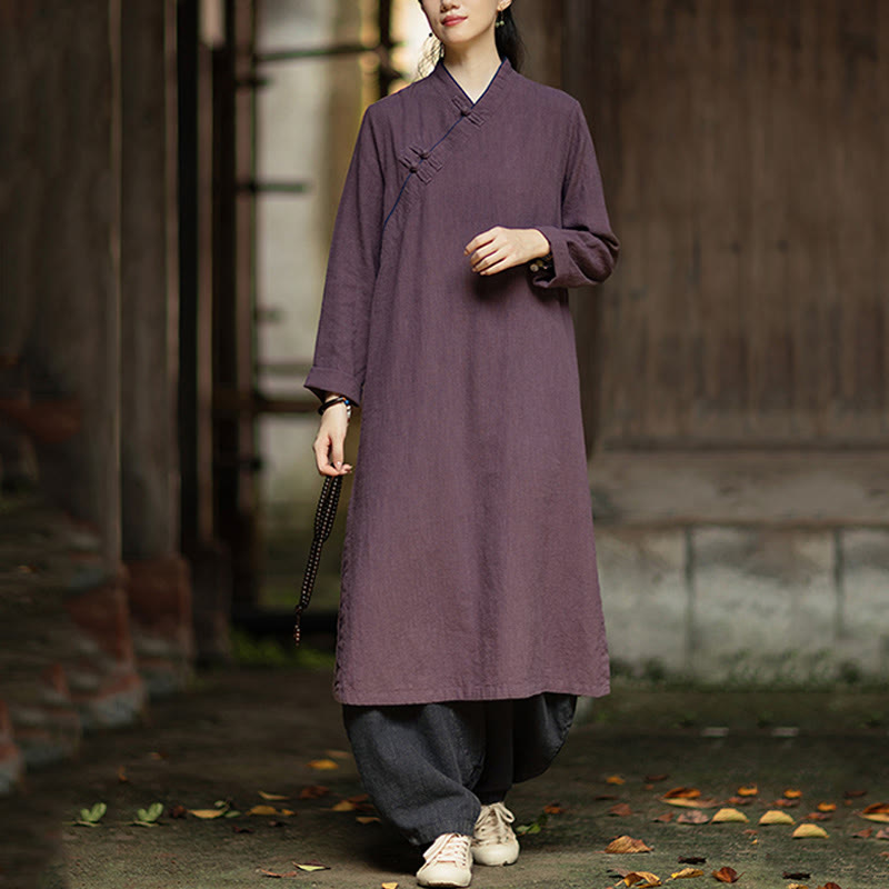 Buddha Stones Cheongsam, einfarbiges Midikleid aus Ramie-Leinen mit Froschknopfverschluss, langen Ärmeln und Taschen - image 20