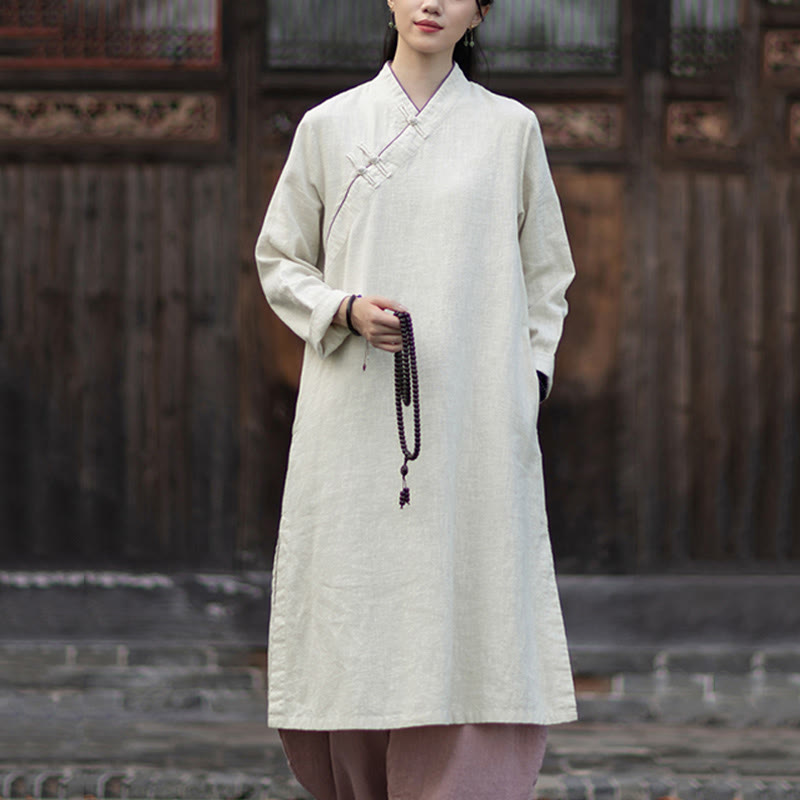 Buddha Stones Cheongsam, einfarbiges Midikleid aus Ramie-Leinen mit Froschknopfverschluss, langen Ärmeln und Taschen - image 9