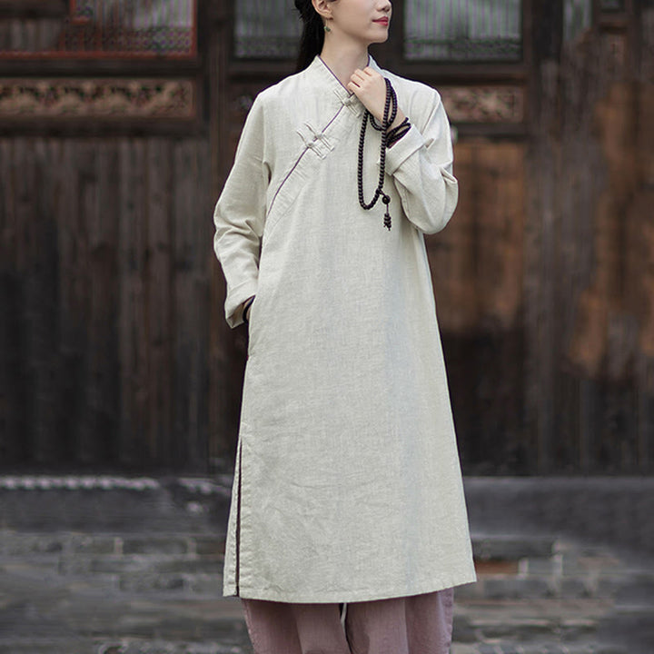 Buddha Stones Cheongsam, einfarbiges Midikleid aus Ramie-Leinen mit Froschknopfverschluss, langen Ärmeln und Taschen - image 10
