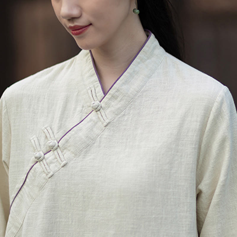 Buddha Stones Cheongsam, einfarbiges Midikleid aus Ramie-Leinen mit Froschknopfverschluss, langen Ärmeln und Taschen - image 14