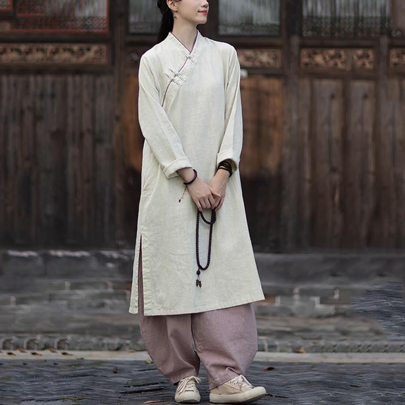 Buddha Stones Cheongsam, einfarbiges Midikleid aus Ramie-Leinen mit Froschknopfverschluss, langen Ärmeln und Taschen - image 11