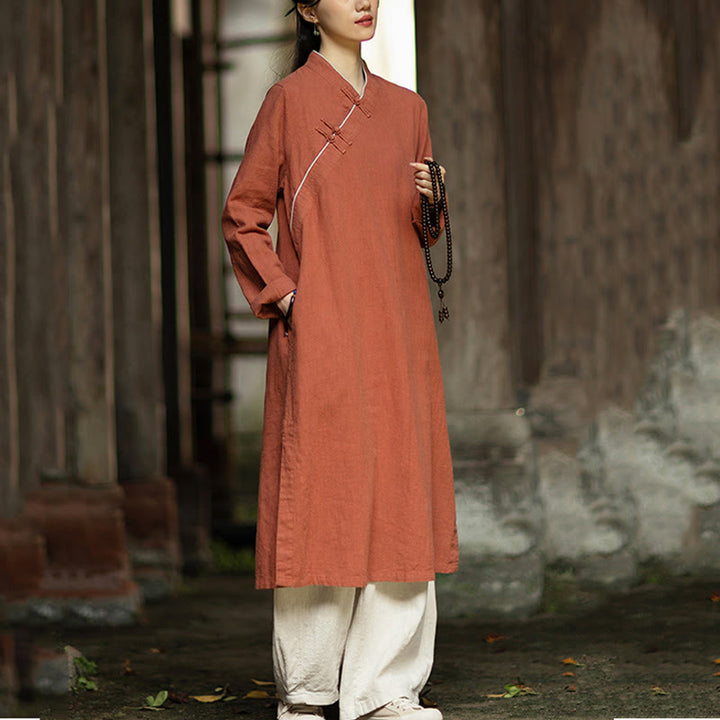 Buddha Stones Cheongsam, einfarbiges Midikleid aus Ramie-Leinen mit Froschknopfverschluss, langen Ärmeln und Taschen - image 2