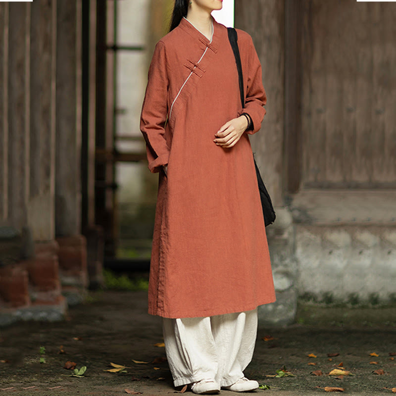 Buddha Stones Cheongsam, einfarbiges Midikleid aus Ramie-Leinen mit Froschknopfverschluss, langen Ärmeln und Taschen - image 5